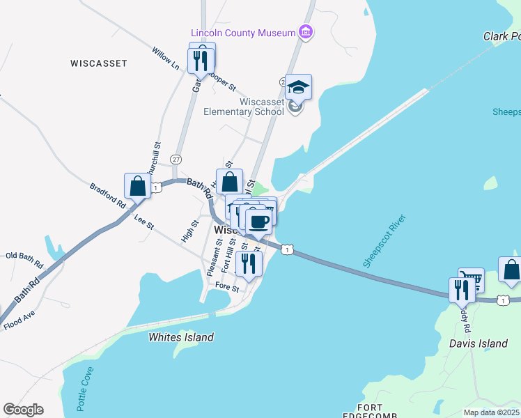 map of restaurants, bars, coffee shops, grocery stores, and more near 53 Middle Street in Wiscasset