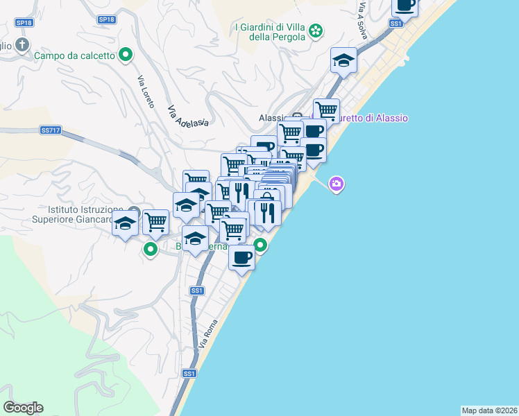 map of restaurants, bars, coffee shops, grocery stores, and more near 20-22 Via Giuseppe Verdi in Alassio