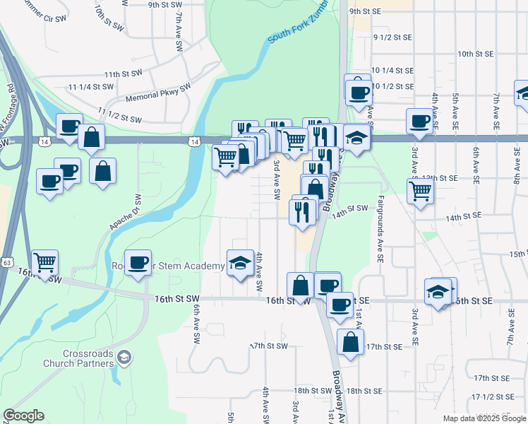 map of restaurants, bars, coffee shops, grocery stores, and more near 1339 3rd Avenue Southwest in Rochester