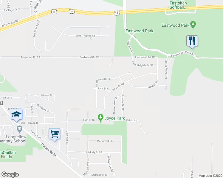 map of restaurants, bars, coffee shops, grocery stores, and more near 2795 Rose Drive Southeast in Rochester