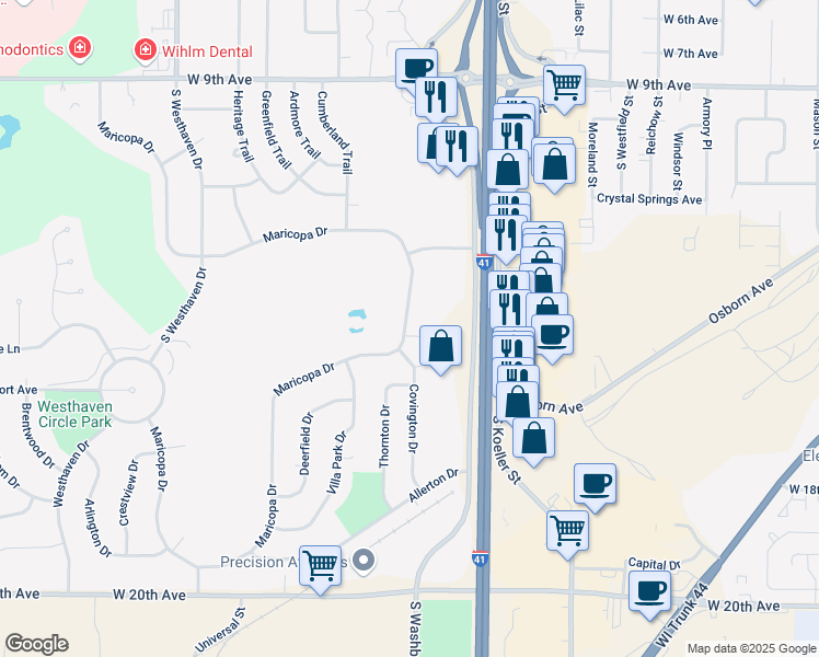 map of restaurants, bars, coffee shops, grocery stores, and more near 1432 Maricopa Drive in Oshkosh