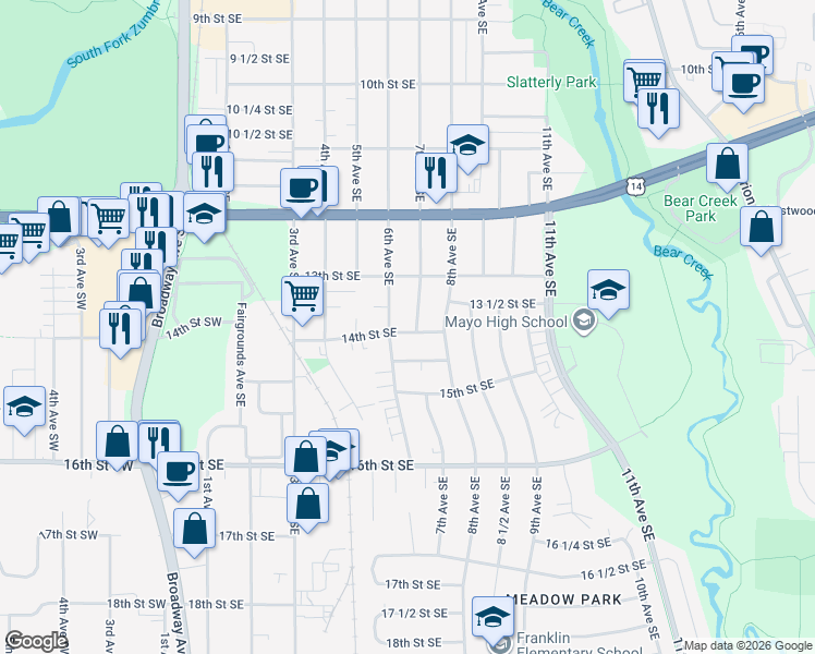 map of restaurants, bars, coffee shops, grocery stores, and more near 1345 7th Avenue Southeast in Rochester