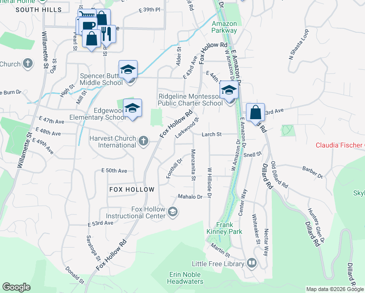 map of restaurants, bars, coffee shops, grocery stores, and more near 4615 Larkwood Street in Eugene
