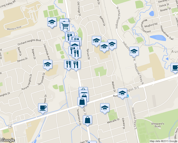map of restaurants, bars, coffee shops, grocery stores, and more near 27 Mark Street in Aurora