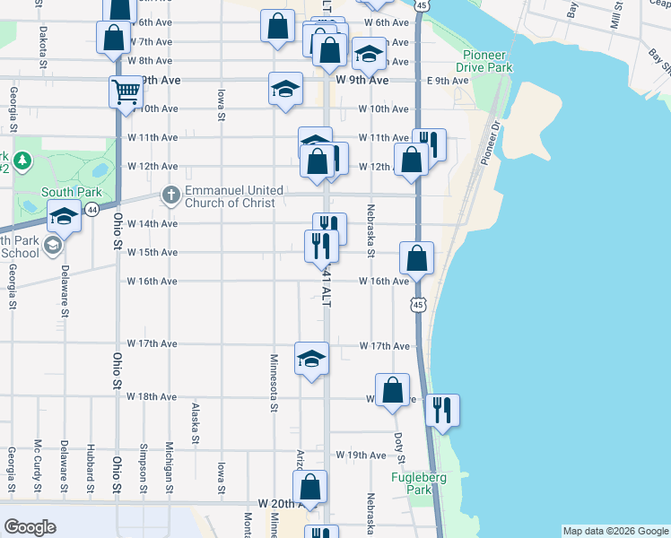 map of restaurants, bars, coffee shops, grocery stores, and more near 1512 Oregon Street in Oshkosh