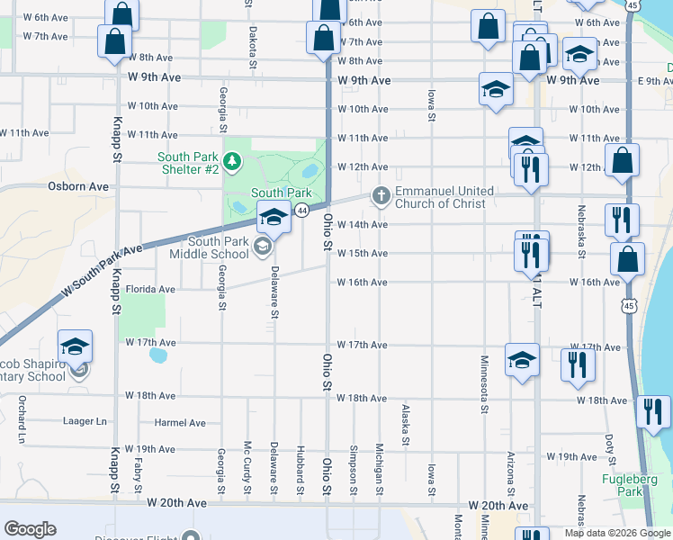 map of restaurants, bars, coffee shops, grocery stores, and more near 1512 Ohio Street in Oshkosh