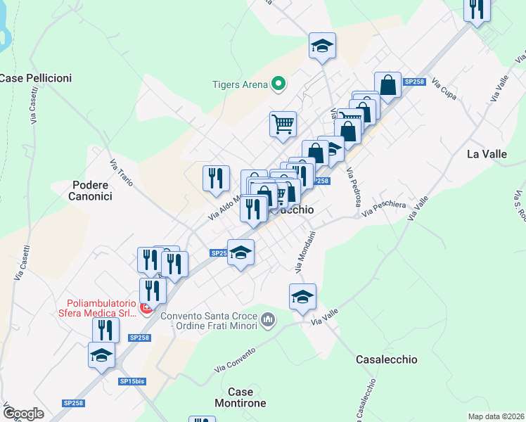 map of restaurants, bars, coffee shops, grocery stores, and more near 30 Via del Vecchio Ghetto in Villa Verucchio