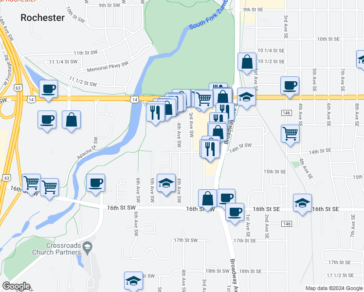 map of restaurants, bars, coffee shops, grocery stores, and more near 1340 4th Avenue Southwest in Rochester