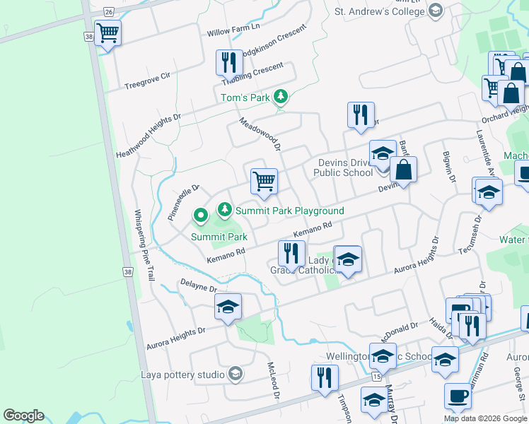 map of restaurants, bars, coffee shops, grocery stores, and more near Moffat Crescent in Aurora