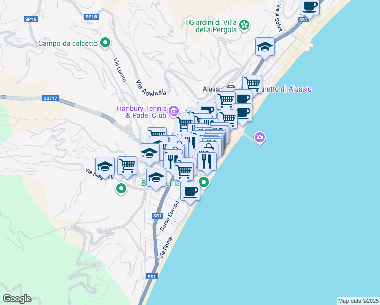map of restaurants, bars, coffee shops, grocery stores, and more near 72 Via Dante in Alassio