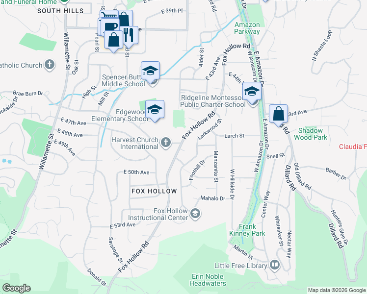 map of restaurants, bars, coffee shops, grocery stores, and more near 4625 Fox Hollow Road in Eugene