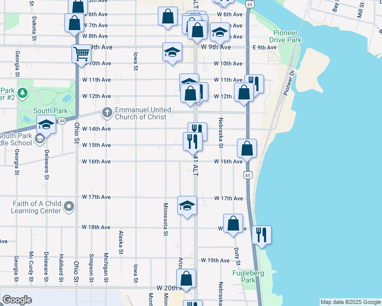 map of restaurants, bars, coffee shops, grocery stores, and more near 223 West 15th Avenue in Oshkosh