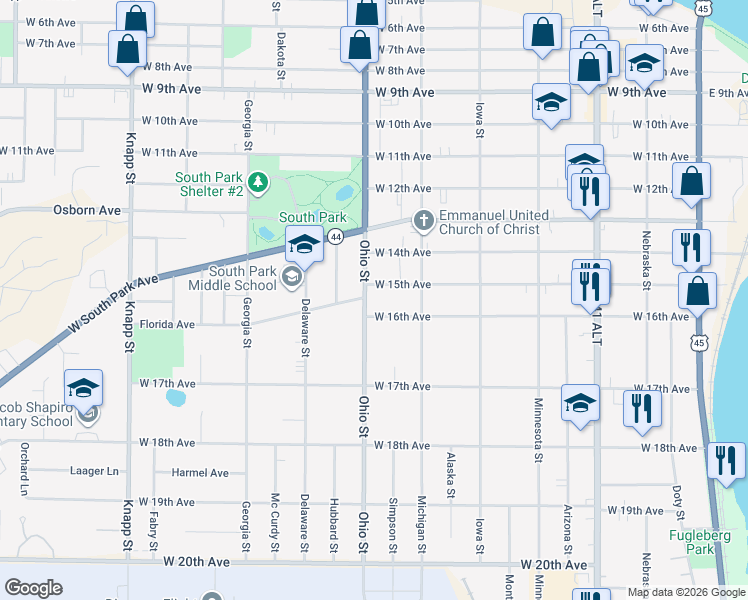 map of restaurants, bars, coffee shops, grocery stores, and more near 1512 Ohio Street in Oshkosh