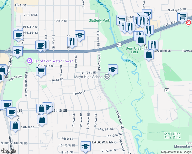 map of restaurants, bars, coffee shops, grocery stores, and more near 1363 10th Avenue Southeast in Rochester
