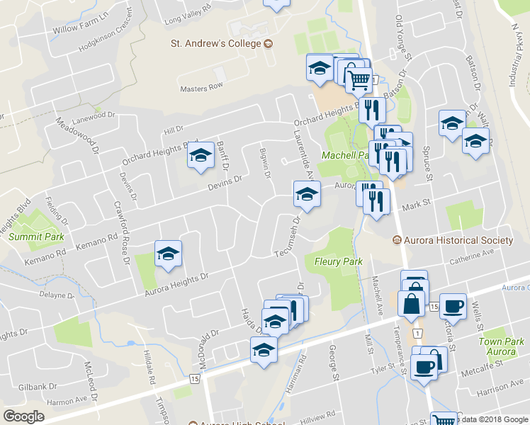 map of restaurants, bars, coffee shops, grocery stores, and more near 41 Aurora Heights Drive in Aurora
