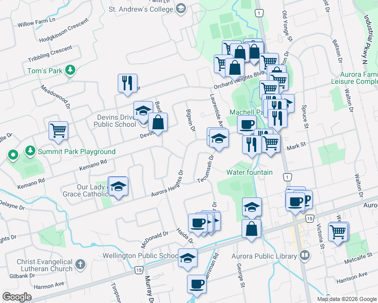 map of restaurants, bars, coffee shops, grocery stores, and more near 41 Aurora Heights Drive in Aurora
