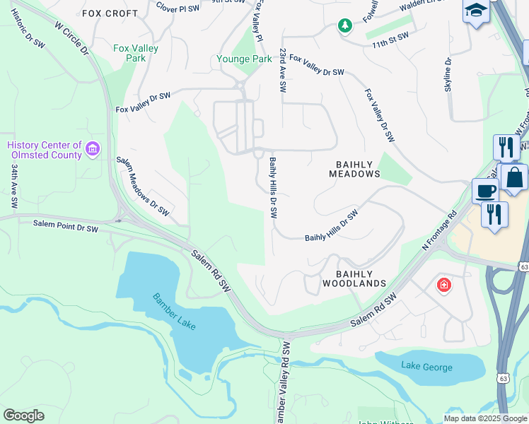 map of restaurants, bars, coffee shops, grocery stores, and more near 2234 Baihly Hills Drive Southwest in Rochester