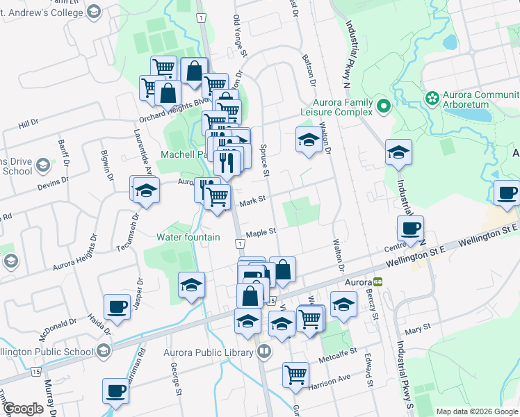 map of restaurants, bars, coffee shops, grocery stores, and more near 27 Mark Street in Aurora