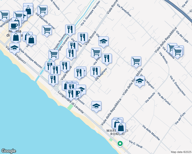 map of restaurants, bars, coffee shops, grocery stores, and more near 21 Via Magliano in Massa