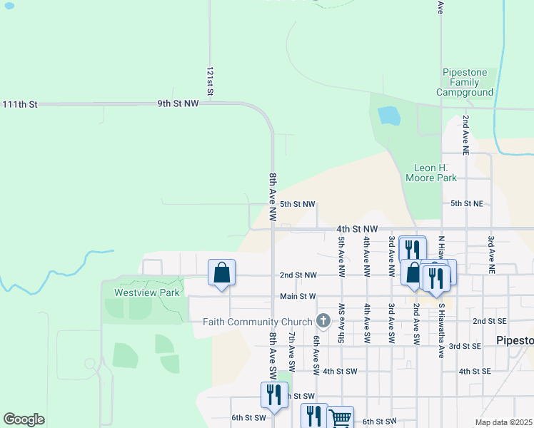map of restaurants, bars, coffee shops, grocery stores, and more near 808 5th Street Northwest in Pipestone