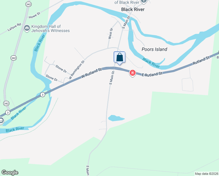 map of restaurants, bars, coffee shops, grocery stores, and more near 184 South Main Street in Black River