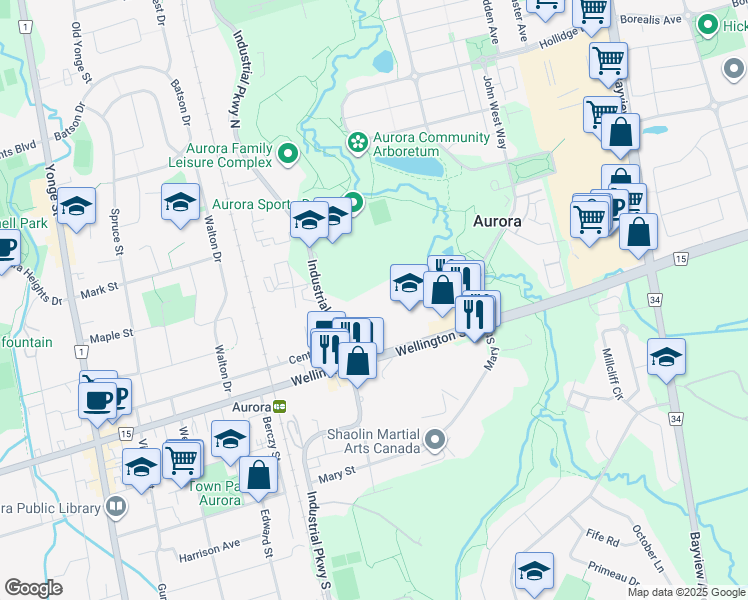 map of restaurants, bars, coffee shops, grocery stores, and more near 238 Wellington Street East in Aurora