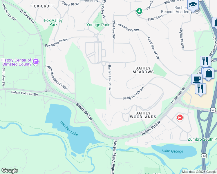 map of restaurants, bars, coffee shops, grocery stores, and more near 2234 Baihly Hills Drive Southwest in Rochester