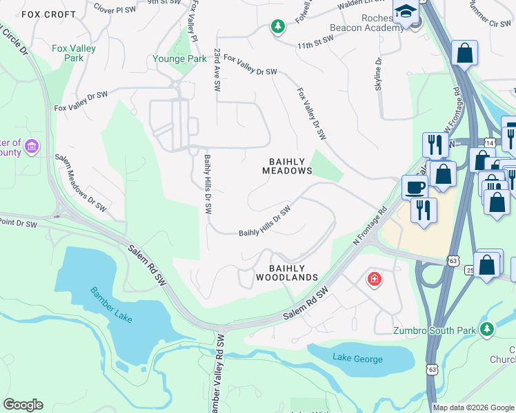 map of restaurants, bars, coffee shops, grocery stores, and more near 1350 Woodland Drive Southwest in Rochester