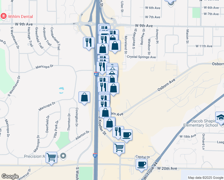 map of restaurants, bars, coffee shops, grocery stores, and more near 1550 South Koeller Street in Oshkosh