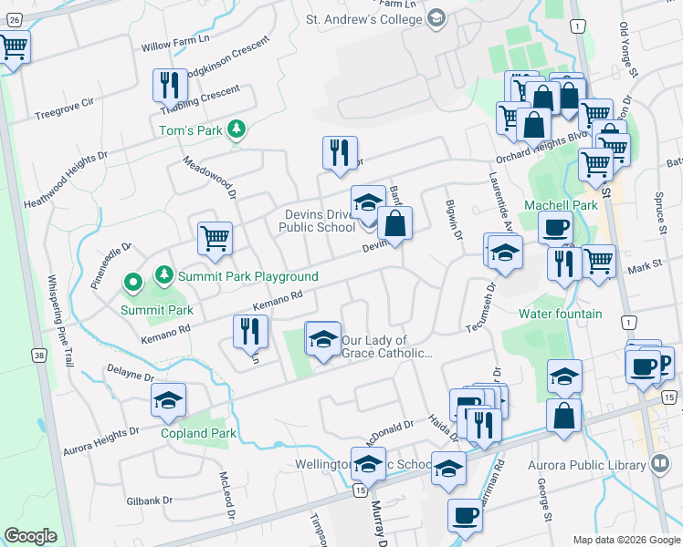 map of restaurants, bars, coffee shops, grocery stores, and more near in Aurora