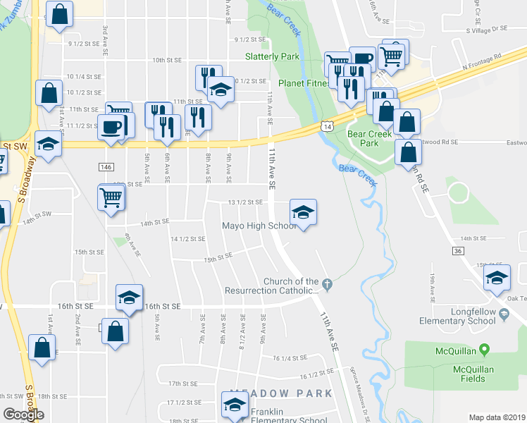 map of restaurants, bars, coffee shops, grocery stores, and more near 1363 10th Avenue Southeast in Rochester