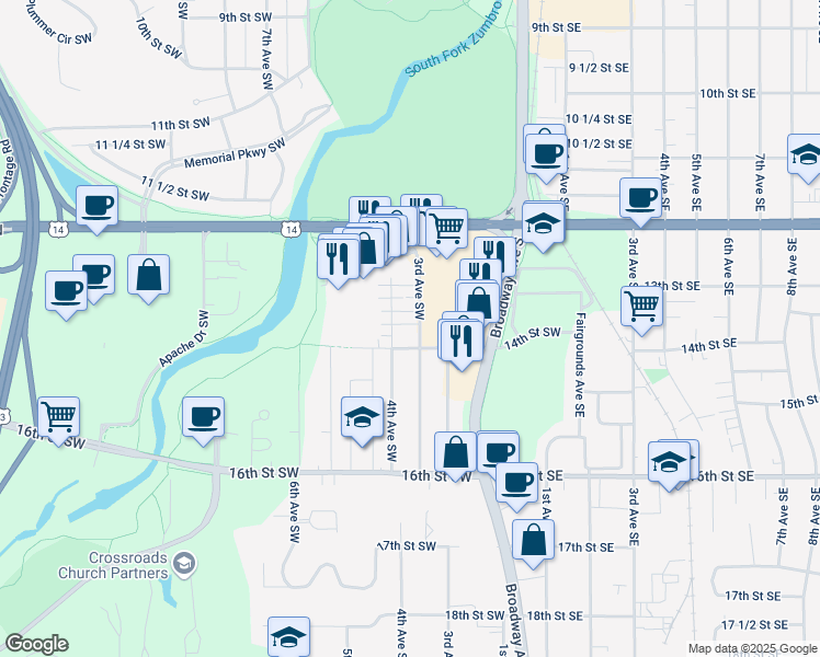 map of restaurants, bars, coffee shops, grocery stores, and more near 1339 3rd Avenue Southwest in Rochester