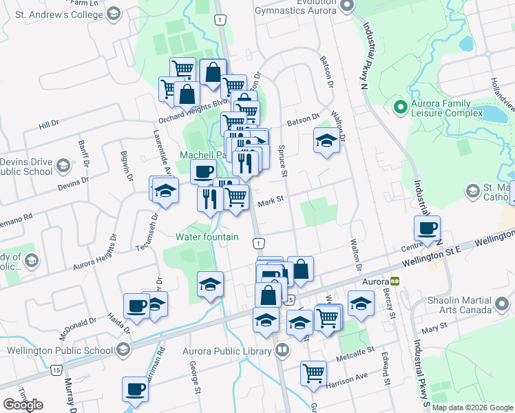 map of restaurants, bars, coffee shops, grocery stores, and more near 15425 Yonge Street in Aurora