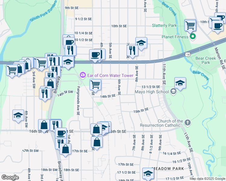 map of restaurants, bars, coffee shops, grocery stores, and more near 1340 5th Avenue Southeast in Rochester