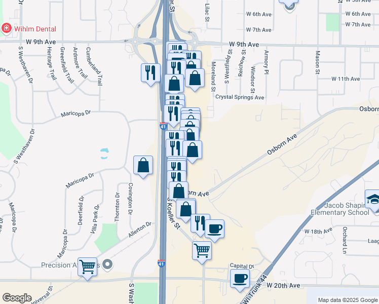 map of restaurants, bars, coffee shops, grocery stores, and more near 1550 South Koeller Street in Oshkosh