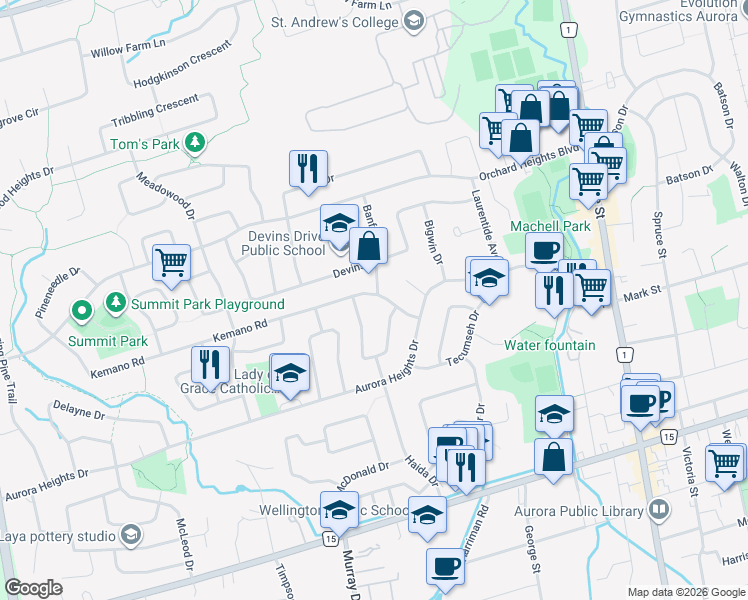 map of restaurants, bars, coffee shops, grocery stores, and more near 15 Kemano Road in Aurora