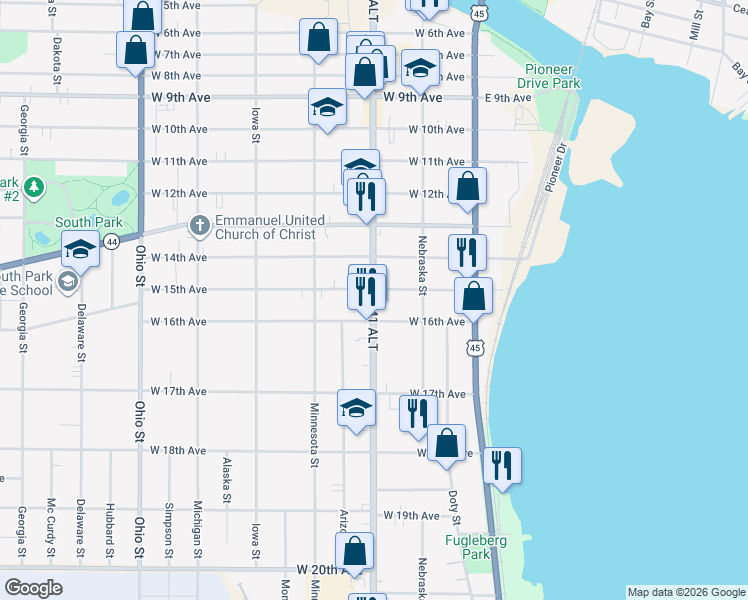 map of restaurants, bars, coffee shops, grocery stores, and more near 1512 Oregon Street in Oshkosh