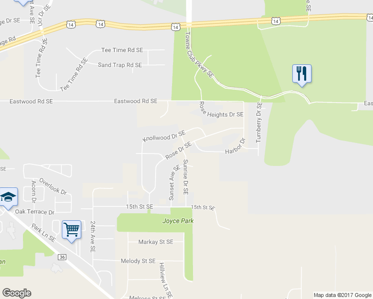 map of restaurants, bars, coffee shops, grocery stores, and more near 2902 Rose Drive Southeast in Rochester