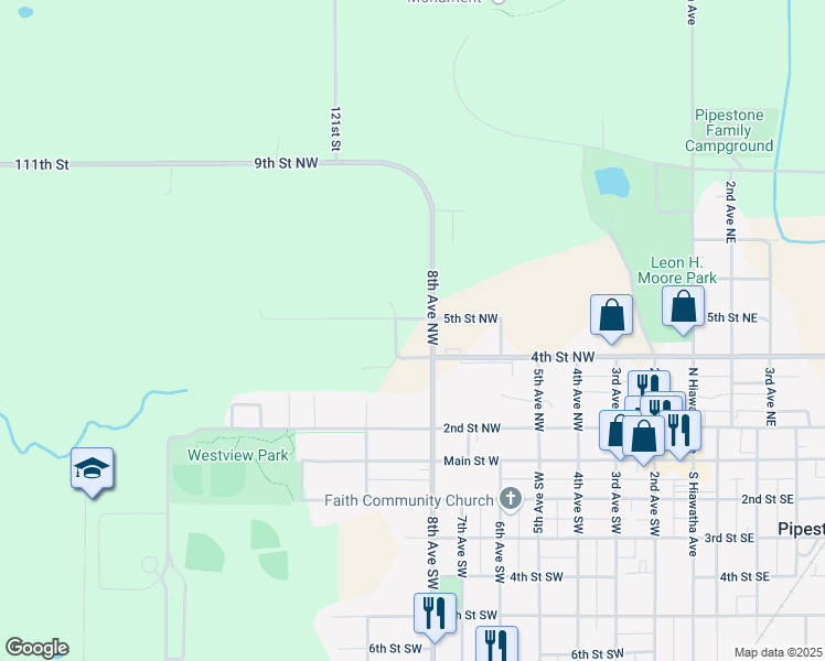 map of restaurants, bars, coffee shops, grocery stores, and more near 808 5th Street Northwest in Pipestone