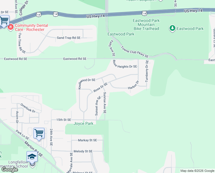 map of restaurants, bars, coffee shops, grocery stores, and more near 2902 Rose Drive Southeast in Rochester