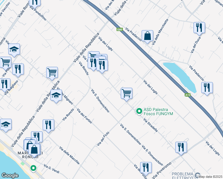 map of restaurants, bars, coffee shops, grocery stores, and more near 7-17 Via dei Pioppi in Massa