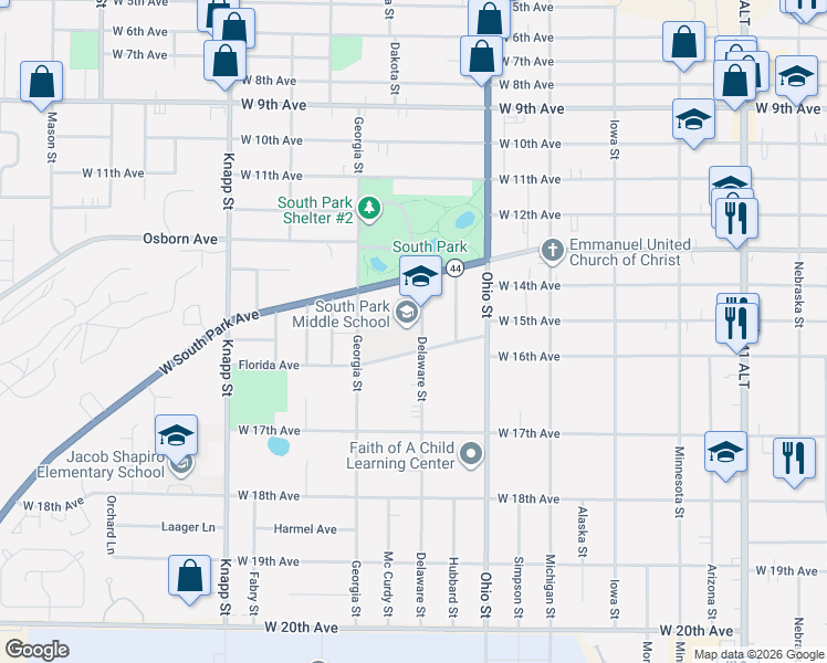 map of restaurants, bars, coffee shops, grocery stores, and more near 3 Delaware Street in Oshkosh