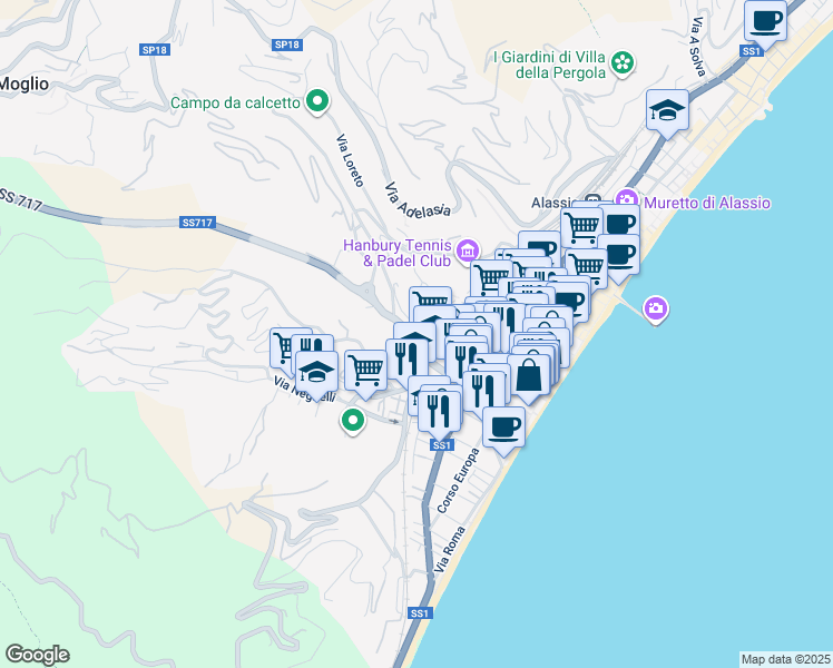 map of restaurants, bars, coffee shops, grocery stores, and more near 18 Via G.Gastaldi in Alassio