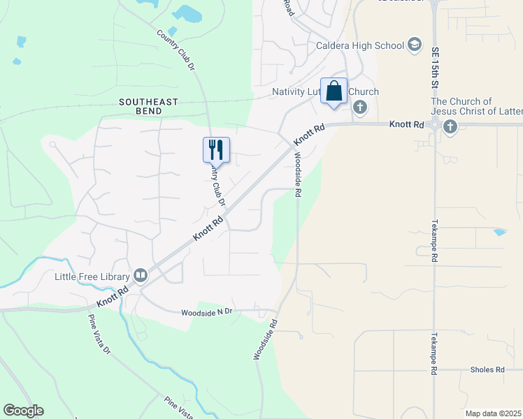 map of restaurants, bars, coffee shops, grocery stores, and more near 20599 Newbedford Circle in Bend