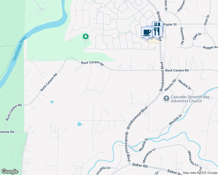 map of restaurants, bars, coffee shops, grocery stores, and more near 19451 Buck Canyon Road in Bend
