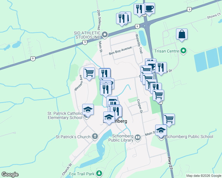 map of restaurants, bars, coffee shops, grocery stores, and more near 332 Main Street in Schomberg