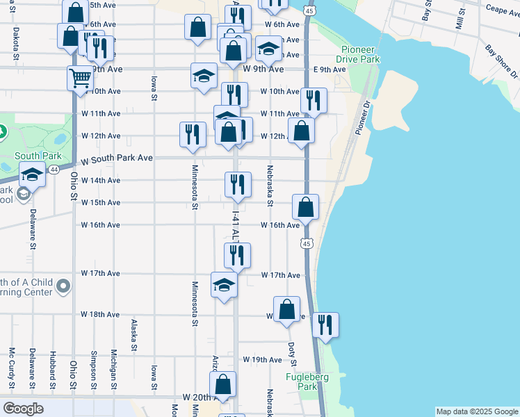 map of restaurants, bars, coffee shops, grocery stores, and more near 103 West 15th Avenue in Oshkosh