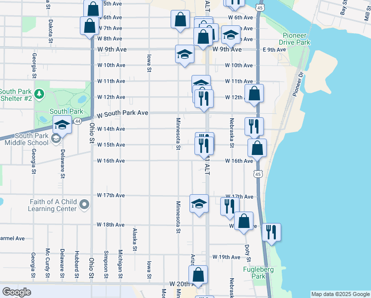 map of restaurants, bars, coffee shops, grocery stores, and more near 1525 Minnesota Street in Oshkosh
