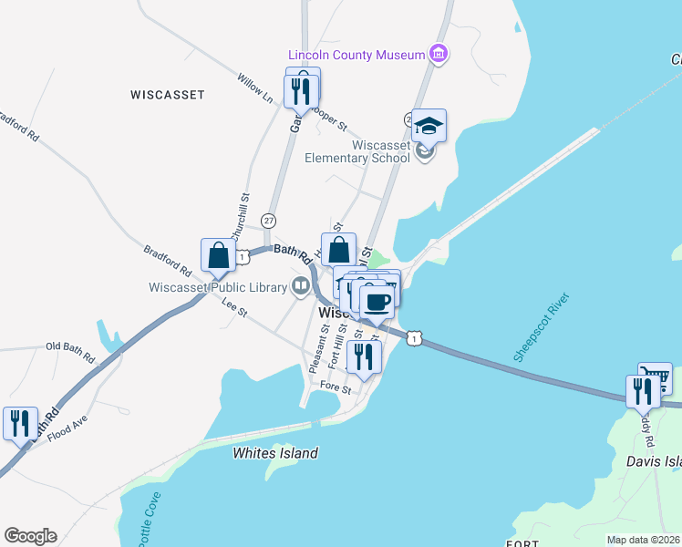 map of restaurants, bars, coffee shops, grocery stores, and more near 62 Pleasant Street in Wiscasset