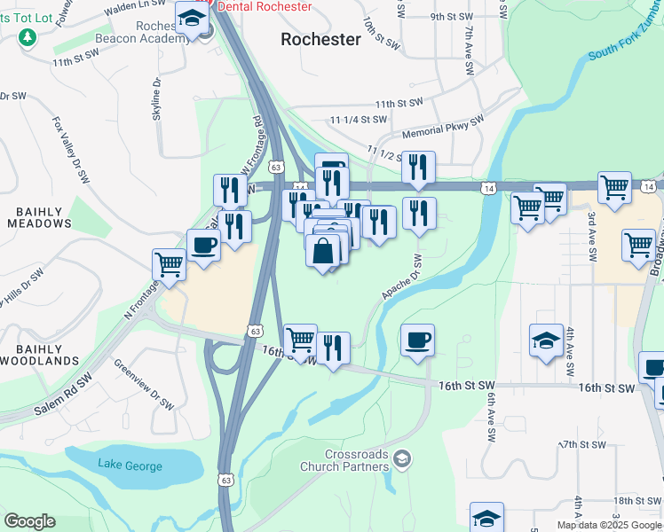 map of restaurants, bars, coffee shops, grocery stores, and more near 1201 12th Street Southwest in Rochester